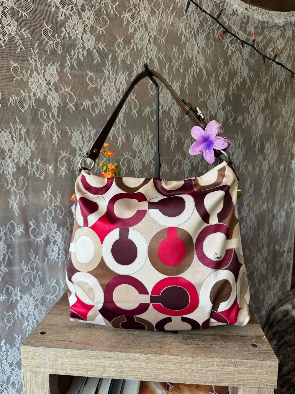 Coach Multicolor Geo Circle Hobo Bag in Pink, Burgundy & Tan